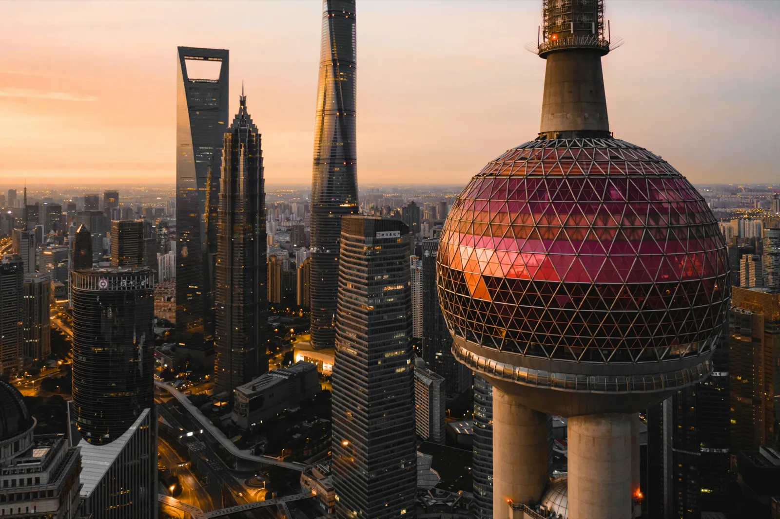 The Oriental Pearl Tower and Pudong skyline at sunset